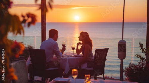 romantic dinner for a couple in love in a restaurant on the terrace with a beautiful view of the sea at sunset. man and woman on honeymoon date
