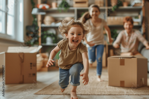 Group of Children Running Through Room Filled With Boxes