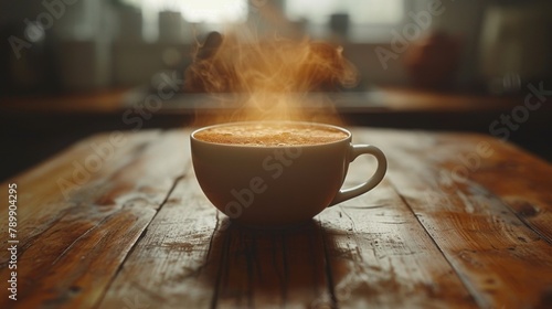 steaming cup of coffee on a wooden table.