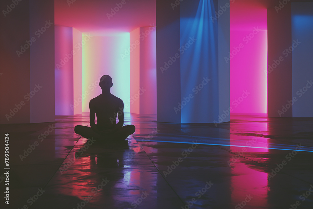 Man meditating indoors with neon light Man meditating indoors with neon light