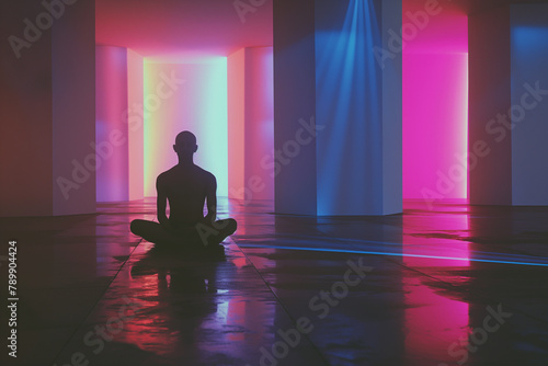 Man meditating indoors with neon light