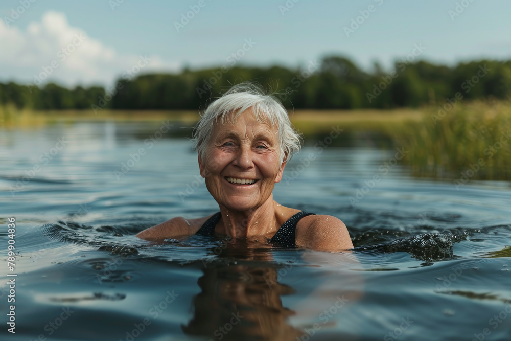 Fototapeta premium Joyful Senior Woman Enjoying Lake Swim