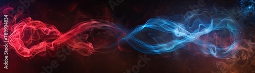 Red and blue smoke forming an infinity symbol against a dark backdrop