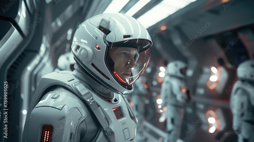 Fototapeta premium Astronaut exploring an exoplanet. Sci-fi colonist in spacesuit walks on the surface of another planet. People in space. The concept of galactic travel and science.