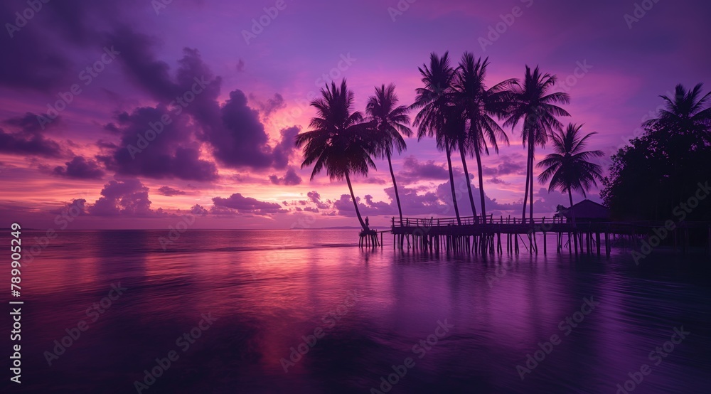 Obraz premium Serene Tropical Sunset Over Ocean with Silhouetted Palm Trees
