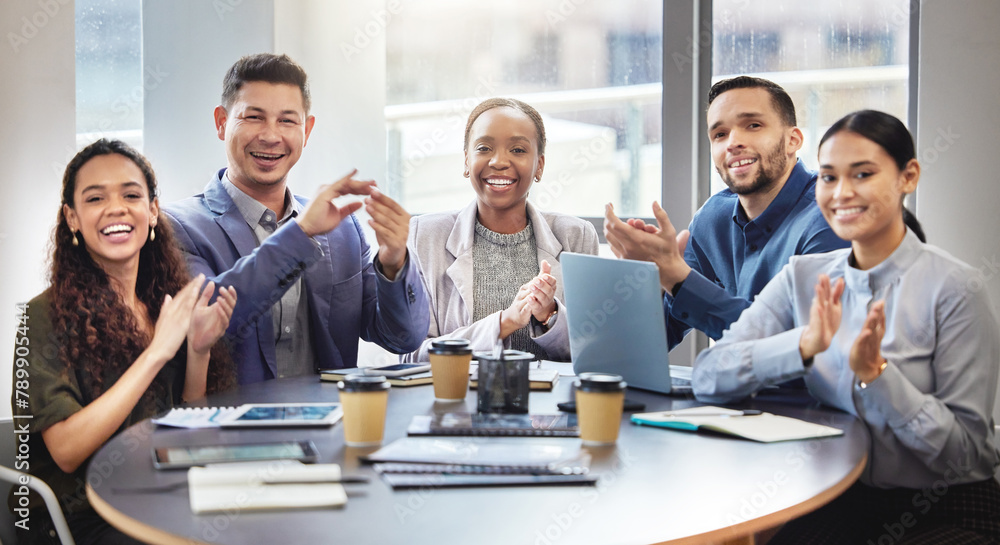 Happy, applause and business people in meeting for congratulations, celebration or success in boardroom. Professional, diversity and employees clapping for conference, presentation or workshop Happy, applause and business people in meeting for congratulations, celebration or success in boardroom. Professional, diversity and employees clapping for conference, presentation or workshop