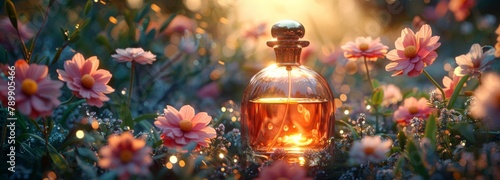 Perfume bottle in different floral backgrounds, magical atmosphere and beautiful light