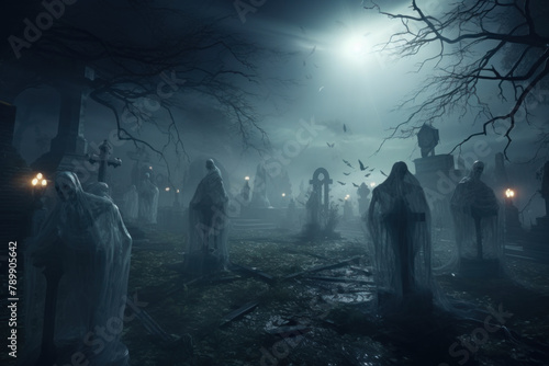 Foggy Cemetery with Eerie Statues and Grave Markers Under Moonlit Sky