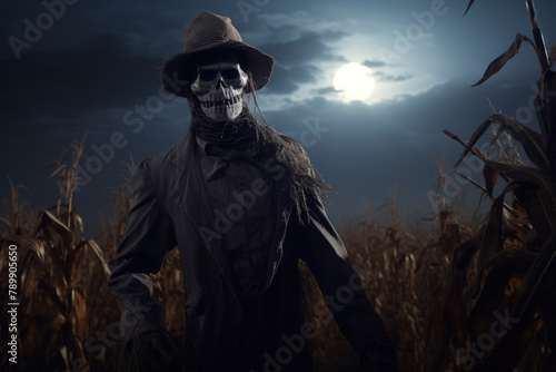 Chilling Figure with Skull Face Standing in a Cornfield Under a Full Moon