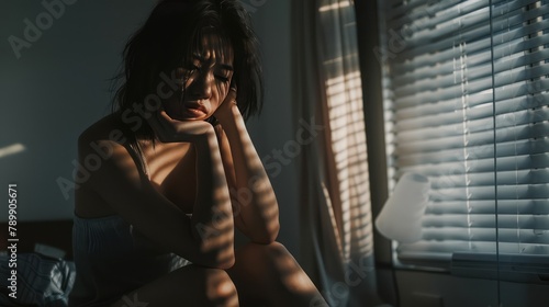 A Domestic violence: Asian woman sitting depressed alone in bedroom Feeling sad and disappointed in love In a dark bedroom and sunlight from the window coming through the blinds. photo