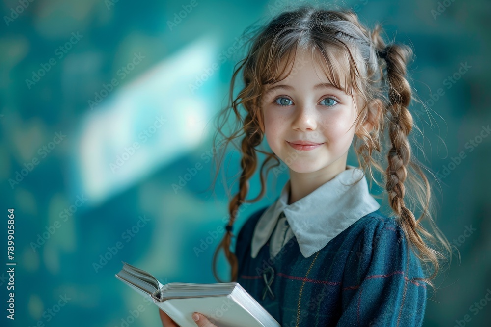 A young girl is holding a book and smiling A young girl is holding a book and smiling
