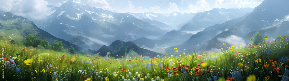 Mountain landscape with blooming meadows in springtime - Ai Generated