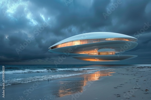 futuristic oval shaped sleek modern floating building over sandy beach with water against dark cloudy sky