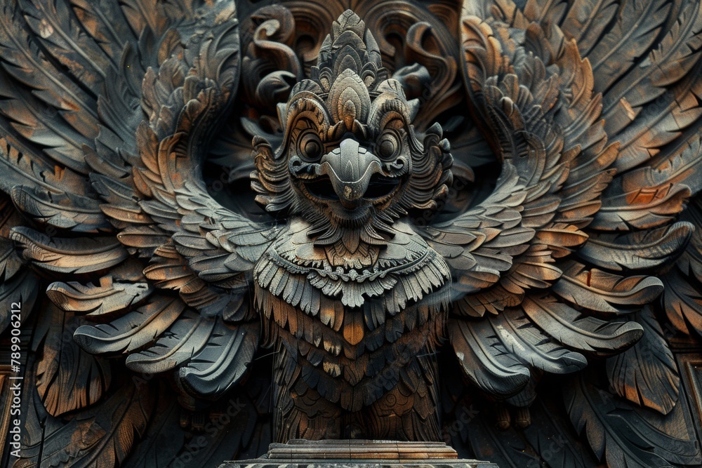 Garuda wooden sculpture featuring powerful wings and fierce expression AI Image - obrazy, fototapety, plakaty 