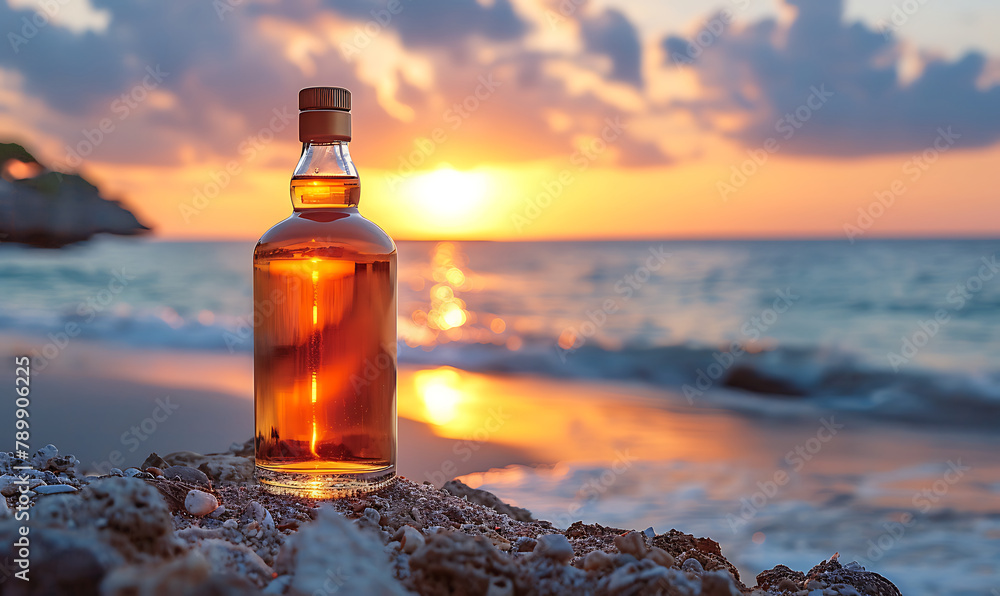 Bottle of whisky on a table with beach sea and sunset in background. Generative Ai Bottle of whisky on a table with beach sea and sunset in background. Generative Ai