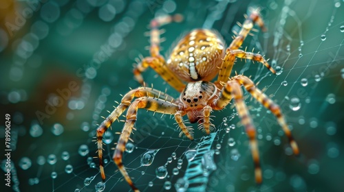 A close up of a garden spider on its web with morning dew. © Sippung