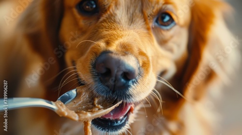 A golden retriever dog eagerly eats peanut butter from a spoon.
