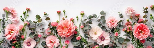 Romantic Floral Frame with Pink Flowers and Eucalyptus for Valentine's, Mother's, or Women's Day - Flat Lay Top View on White Background