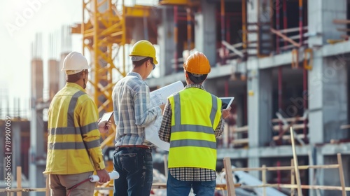 Team of architects using tablets and standing to read blueprints at construction site, designers and engineers building, civil and steel structures.