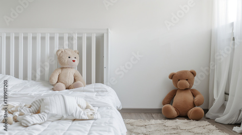 copy space, stockphoto, detailed photography of a baby bedroom mockup. Beautiful decorated baby bedroom. Background photo for birth card, inviatation, greeting card. Teddy bear in the room. photo