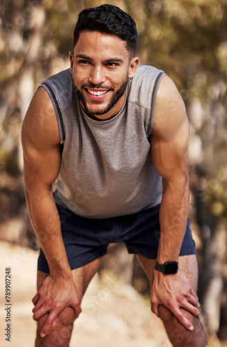 Obraz na plátně Runner, man and break with smile for fitness in outdoors for wellness with training or exercise in summer