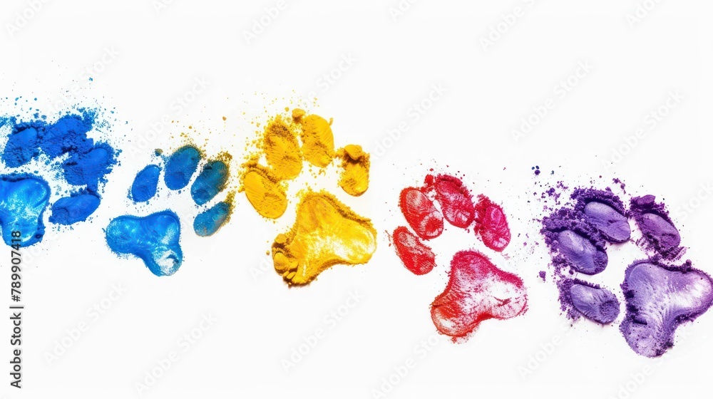 A footprints, paw print path Dog paws. Kitten. Paw prints of bright colors of animals, silhouettes on a white background. A footprints, paw print path Dog paws. Kitten. Paw prints of bright colors of animals, silhouettes on a white background.