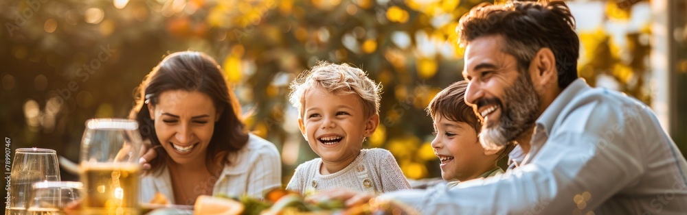 Happy Family Gathering Outdoors: Smiling Faces at the Table Happy Family Gathering Outdoors: Smiling Faces at the Table