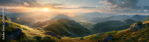 Panorama mountain landscape at sunset background - Ai Generated