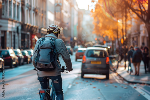 Urban Cyclist Riding a Bike on a City Street with Autumn Colors and Morning Light