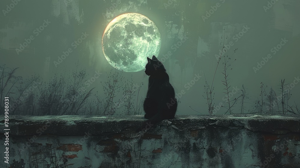 cat against the background of the moon - obrazy, fototapety, plakaty 