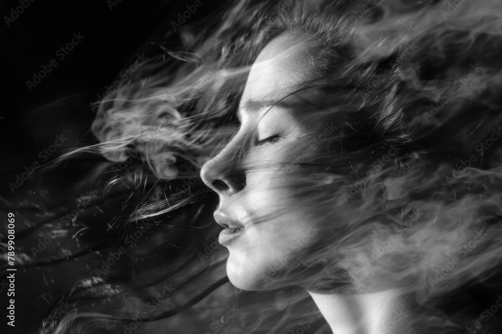 Monochrome Artistic Shot of a Peaceful Woman with Hair Flowing Like Smoke in the Wind