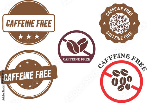 Caffeine free stamp, badge, label and packing print symbols in high quality on transparent background. Marketing poster, banner or flyer idea. PNG format. 