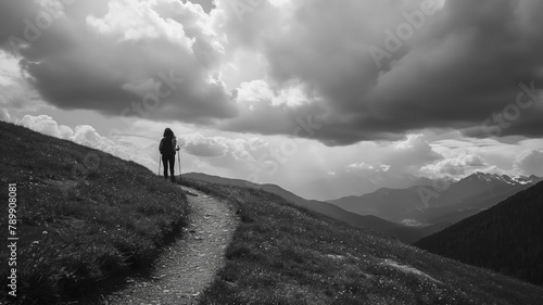 Back shot. Black and white photography of the A Young Woman Hikes On A Beautiful Mountain Trail, dark with clouds. Landscapes photography