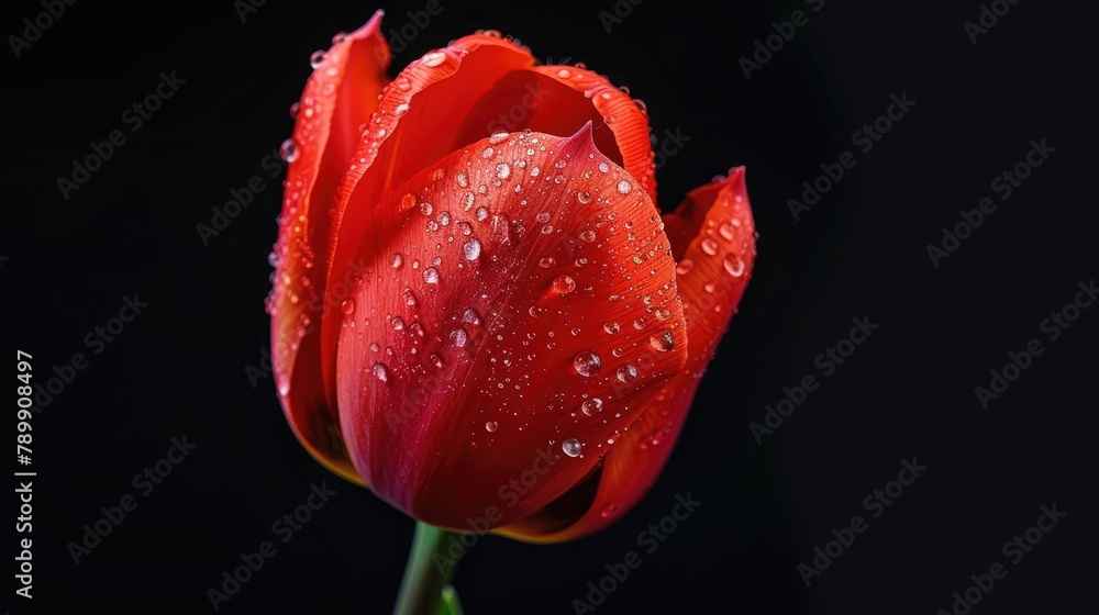 fresh red tulip flower on black background in studio shoot macro mode fresh red tulip flower on black background in studio shoot macro mode