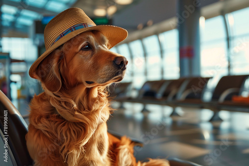 A dog in a beach hat sitting at the airport