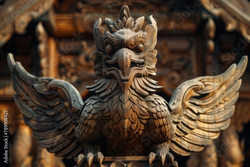 Wooden Garuda statue with powerful wings and fierce expression AI Image