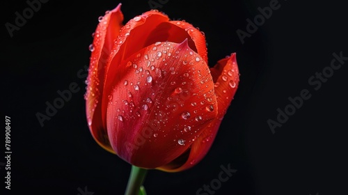 fresh red tulip flower on black background in studio shoot macro mode 
