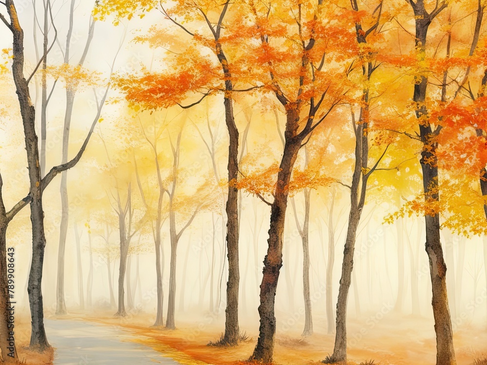 Free image of an abstract, watercolor-painted landscape with autumn leaves produced by artificial intelligence.