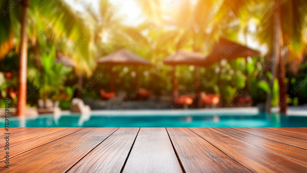 Product display empty wooden table in front pool bar background	