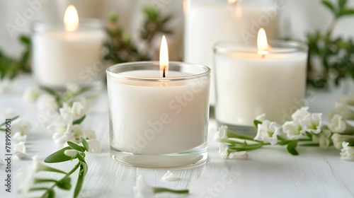 Pillar candles with flames illuminated, on white