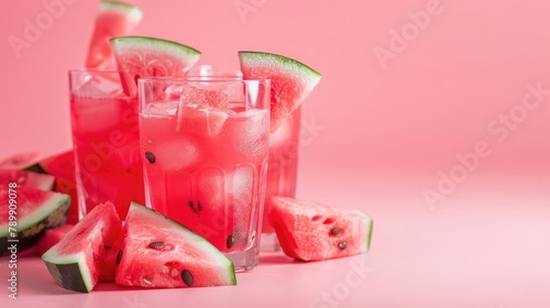 healthy drinks. watermelon smoothie on pink wooden background,Refreshing desserts of watermelon isolated,A cold watermelon drink with ice.