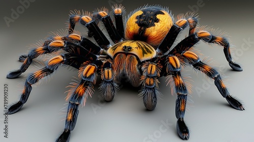 a close up of an orange and black tarantula on a gray surface