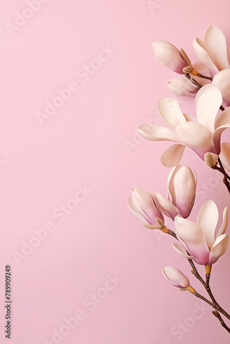 Beautiful magnolia flowers isolated on pink background, delicate spring-themed design, copy space