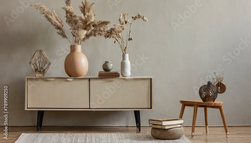 Effortless Elegance: Minimalist Home Decor Template Featuring Beige Sideboard and Personal Accents