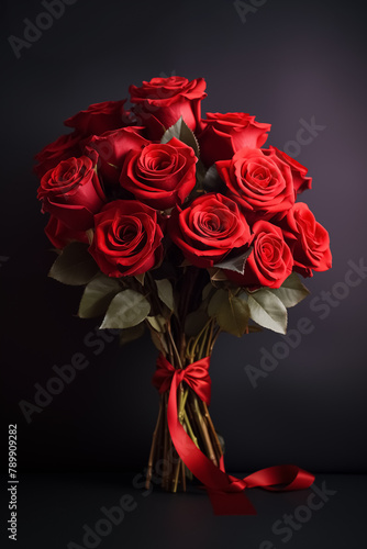 Beautiful red rose bouquet on dark background, elegant romantic or anniversary design, copy space