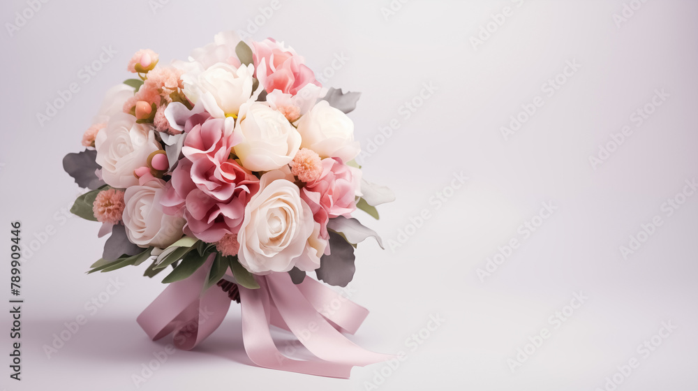 Obraz premium Beautiful bride's bouquet isolated on background, elegant wedding themed design, copy space