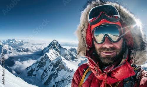 a man selfie when hiking on top snow mountain 