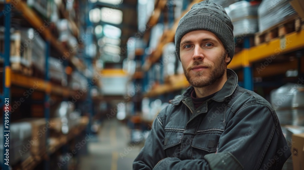 A male worker stands in a workshop against an industrial background. A male worker stands in a workshop against an industrial background.