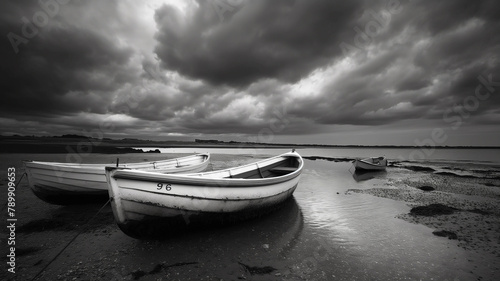 Black and white photo of boats, dark with clouds. Landscapes photography