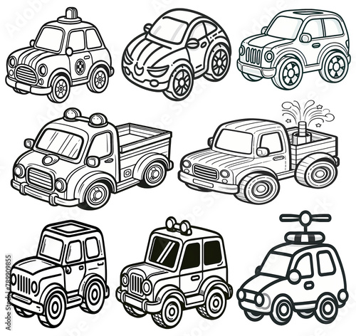 Creative mix toy car sketches set bundle clip art for children s drawing books  fun and playful PNG on transparent background. 